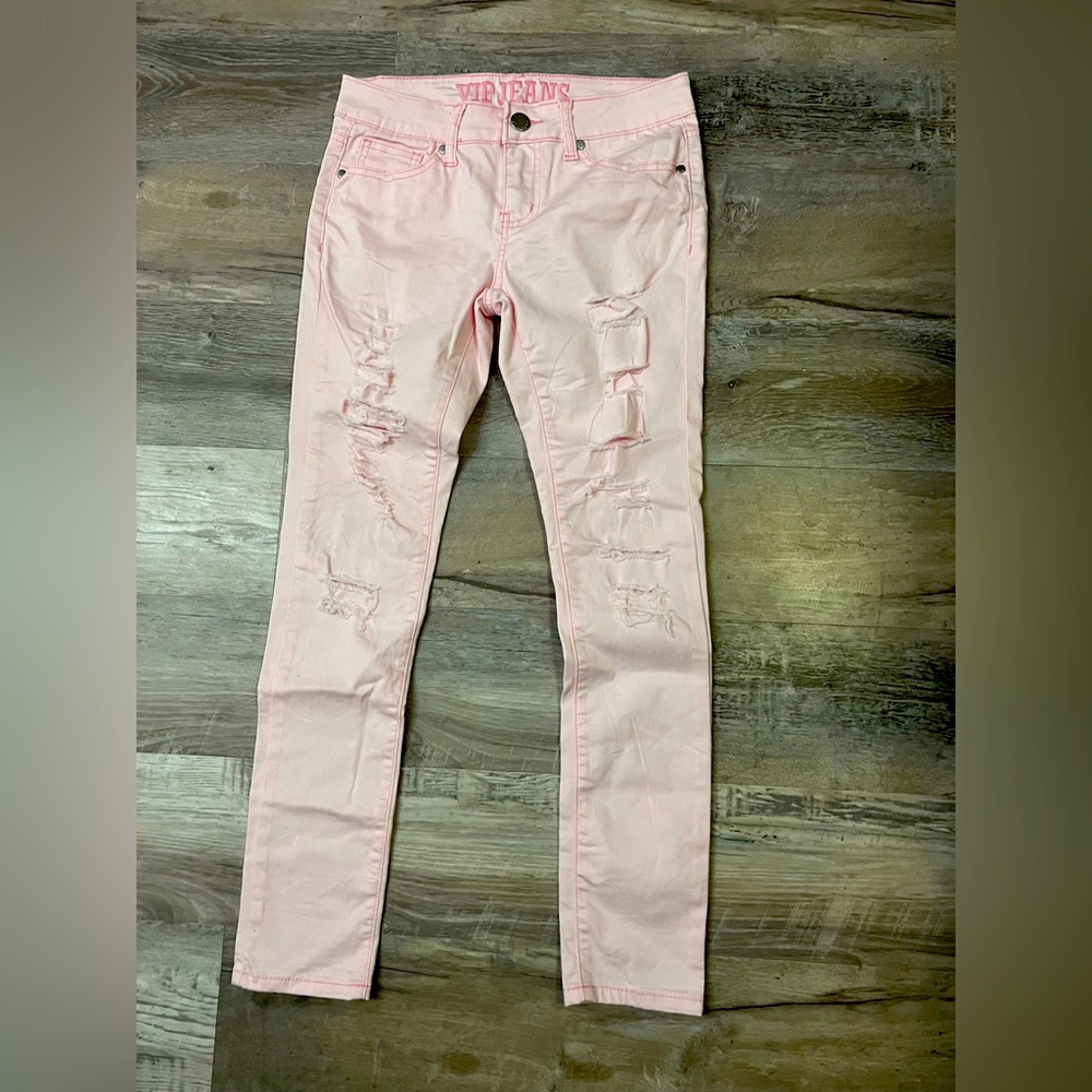 Women's VIP  Skinny Jeans Distresses Ripped Pink  Size 3/4 Stretch never worn